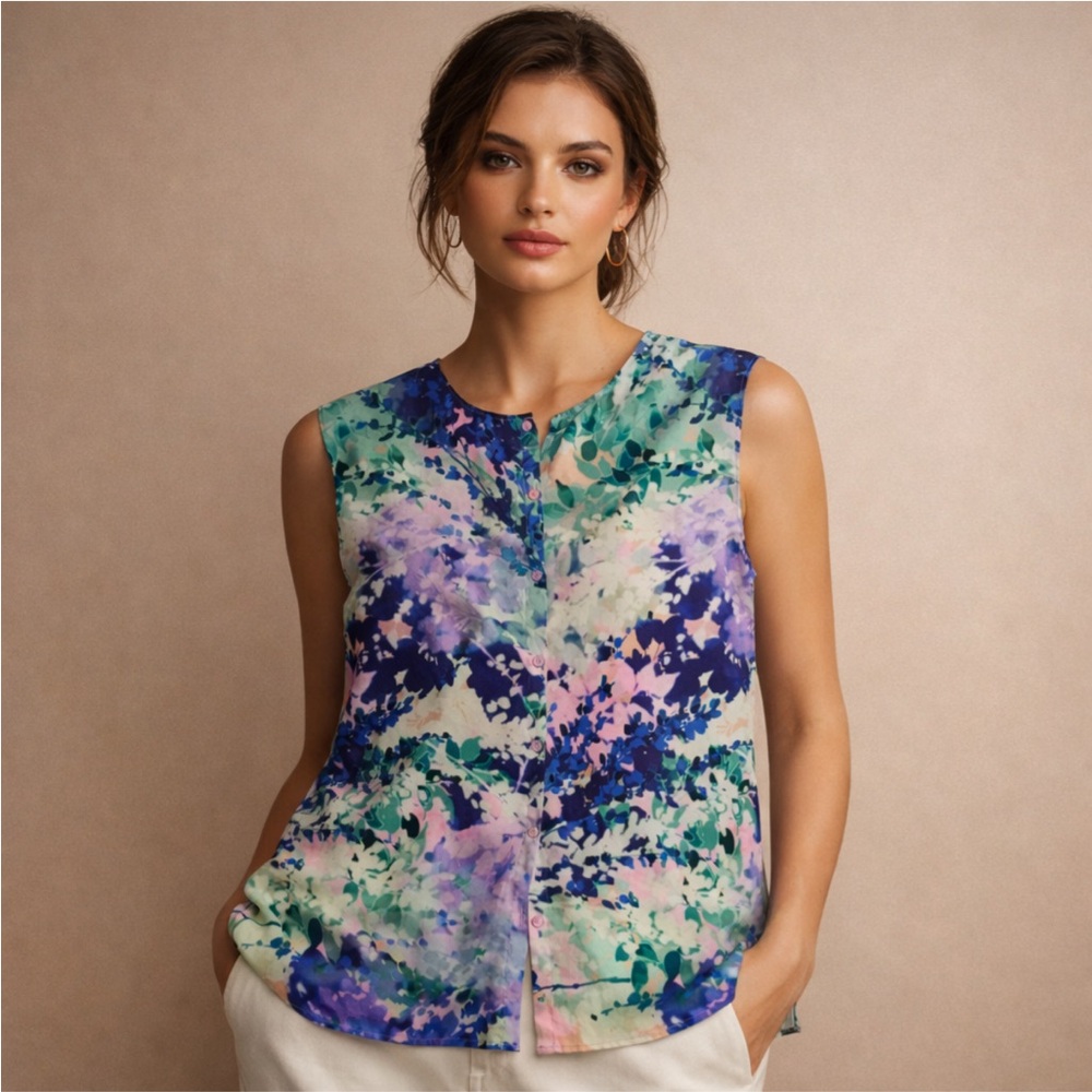 Talbots Floral Watercolor Sleeveless Blouse in Blue, Green, Purple